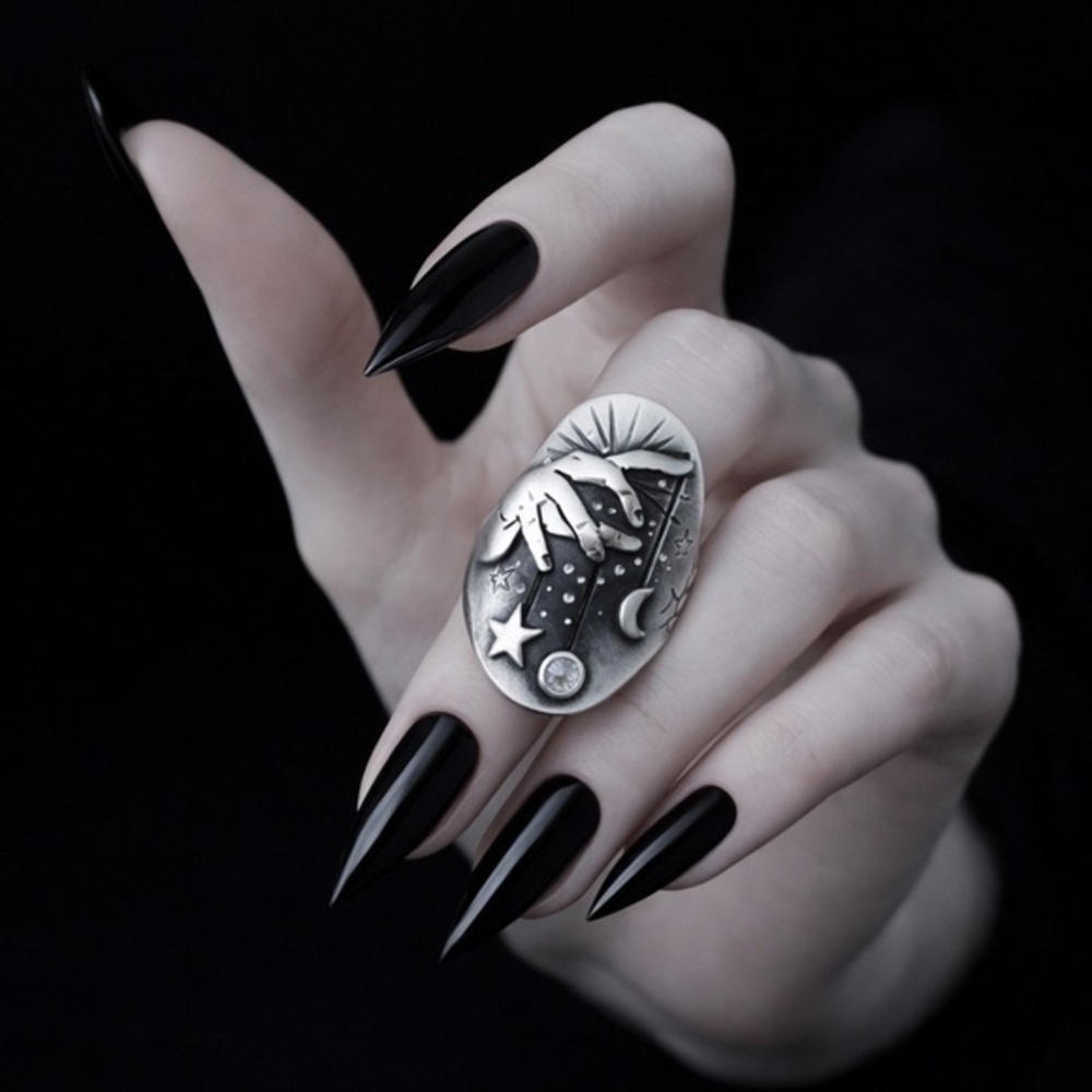 NEW Celestial Moon Star Faux Silver Statement Ring Sz 8 Witchy Gothic Grunge Alt